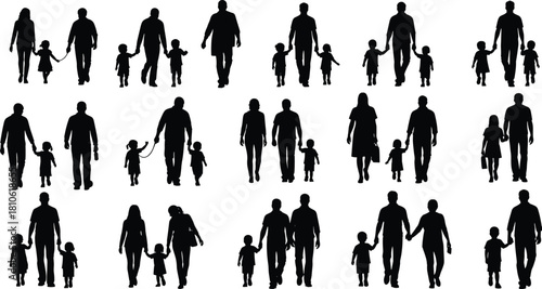 Large set of family silhouettes, parents walking with children, mother, father, son, daughter holding hands, together, isolated vector people.