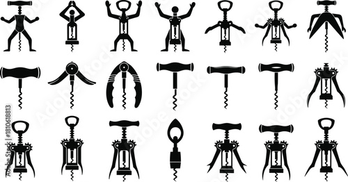 orkscrew icons collection, vintage and modern wine openers, silhouette tool set, kitchen utensil symbols, bar accessories, graphic illustration design