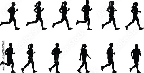 Running, walking, silhouette, motion, fitness, exercise, human, posture, athletic, active, black, white, dynamic, stride, jog, training, movement, sport, health, lifestyle