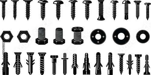 Set of black silhouette screws, bolts, nuts, and wall anchors, industrial hardware collection isolated on white background, essential construction fasteners toolkit for carpentry and repair.
