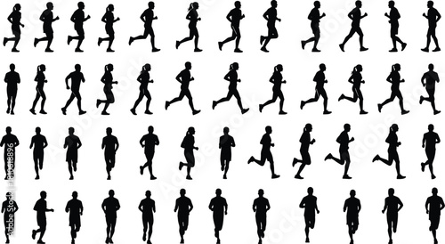 Silhouette runners in motion sequence showcasing athletic movement, fitness activity, running poses, jogging steps, and active lifestyle illustration for sports design resources