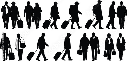 Travelers, silhouettes, airport, luggage, walking, standing, coats, hats, scarves, diverse, journey, transit, motion, people, travel, terminal, station, crowd, mobility, transportation