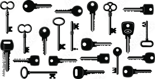 Vintage, modern, antique, security, house, car, lock, metal, brass, steel, isolated, collection, design, cut, notched, realistic, illustration, keys