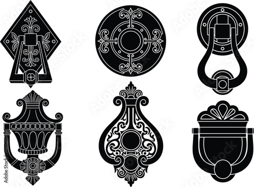 Vintage, ornate, decorative, antique, door, knockers, black, metal, symmetrical, floral, scrollwork, geometric, classic, entryway, architecture, design, craftsmanship, heritage, historic, detail