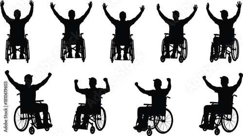 Wheelchair silhouettes, disabled people, victory pose, inclusion, accessibility, diversity, empowerment, unity, celebration, equality, strength, resilience, freedom