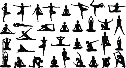 Yoga pose collection, meditation silhouettes, full-body women’s fitness studio workout, healthy lifestyle illustration, zen practice vector set, stretching exercise.