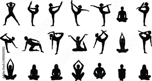 Yoga silhouettes, meditation poses, balance exercise, stretching routine, wellness lifestyle, body flexibility, mindfulness, fitness, calm, peace, posture, harmony, spiritual, strength, health