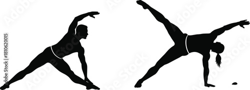 Yoga silhouette, fitness balance, extended side angle pose, flexibility training, wellness lifestyle, meditation practice, healthy body, mindful exercise