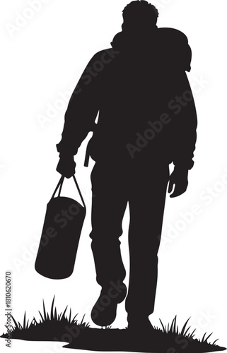 Black silhouette of a person walking with a backpack and duffel bag