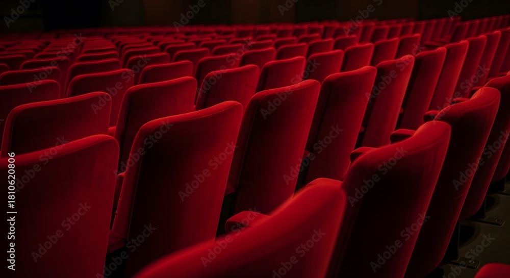 Fototapeta premium Rows of Empty Red Velvet Seats in a Modern Movie Theater or Conference Auditorium