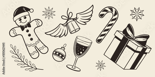 Vintage Hand Drawn Christmas Doodle Set: Gingerbread Man, Holiday Bell, Gift Box, and Festive Elements Vector Illustration
