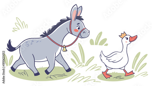 Cute Cartoon Grey Donkey and Crowned Goose Walking Together in Grass - Children's Fairy Tale Vector Illustration