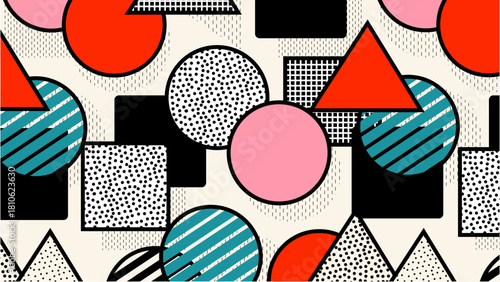Seamless memphis pattern for stylish designs with vibrant shapes. Suitable for packaging, stationery, apparel, and backgrounds for various projects.
