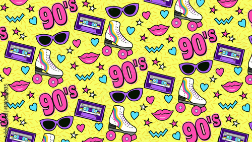 90s seamless pattern with sunglasses, cassettes, roller skates, and lips. Perfect for retro-themed designs, apparel. Back to the 90's loop animation.
