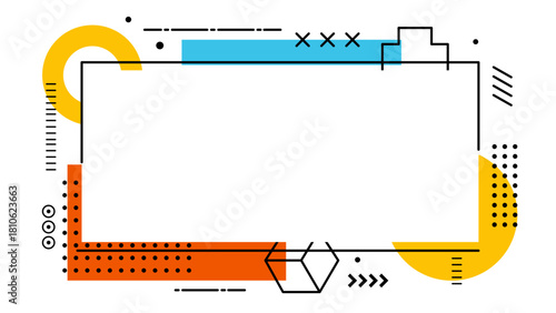 Memphis frame border with colorful geometric shapes for dynamic designs. Perfect for social media graphics, posters, and packaging projects.