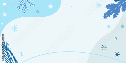 Winter themed background with snowflakes, branches, and light blue abstract shapes design art