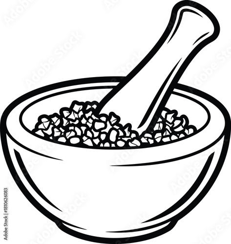 Black and White Mortar and Pestle Filled with Herbs and Spices Artwork