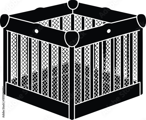 Black and White Illustration of a Pet Cage Enclosure with Wire Mesh Sides for Confinement