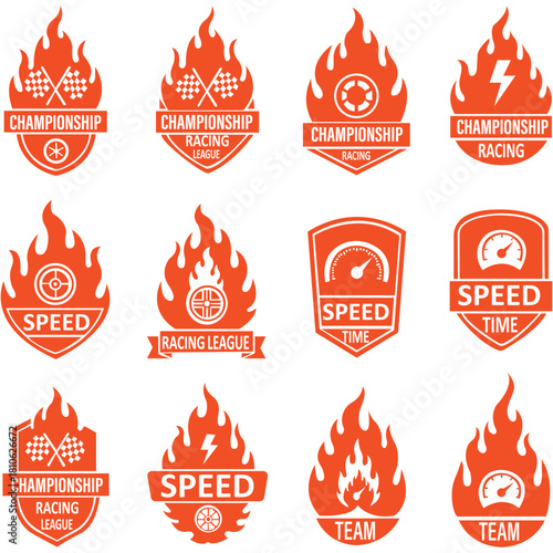 Collection of twelve orange racing themed emblems with flames and text on a white background