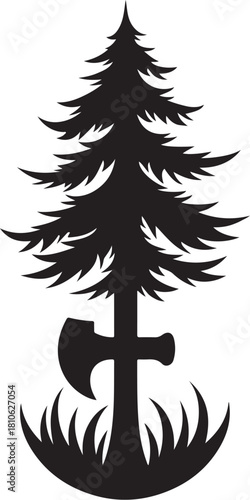 Black silhouette of pine tree with axe and grass evergreen tree