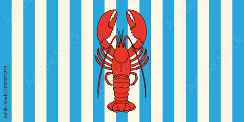 A red lobster on a background of blue and white stripes with a simple cartoon style design shown here