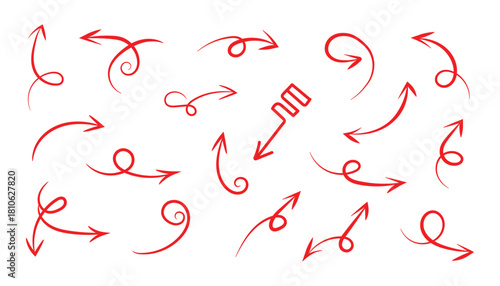 Set of red hand drawn arrows isolated on, vector elements