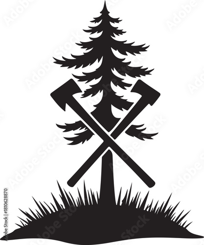 Black silhouette of pine tree with crossed axes and grass