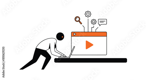 Person using laptop with video player interface and digital elements