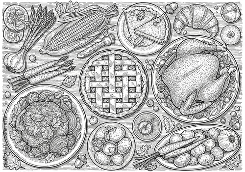 Vintage Engraved Thanksgiving Feast - Holiday Dinner Table Top View