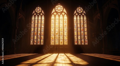 Sunlight streaming through stained glass windows in a church