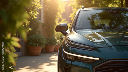 Front View of Black SUV Parked under Warm Sunlight
