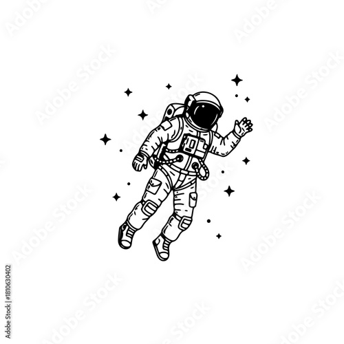 Astronaut floating among stars minimal line vector illustration for space exploration, science fiction art, and cosmic discovery themes