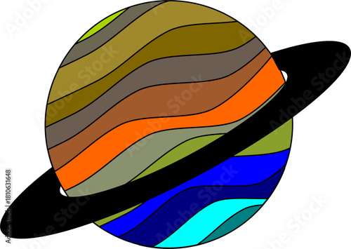 Striped planet with rings. Groovy, vibrant space, solar system, cosmic travel.