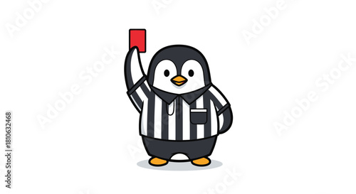 Cartoon penguin referee holding up a red card, indicating a penalty or foul.