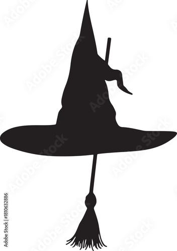 Black witch hat with broomstick silhouette halloween