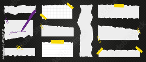 Set of realistic torn paper pieces (notes, strips, sheets) with rough edges, adhesive tape, and paper clips. Blank templates for reminders, collage, scrapbooking, or graphic design. Vector 