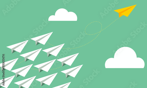 A vibrant scene depicting a cluster of white paper airplanes with one yellow airplane soaring high, symbolizing freedom and creativity in a dreamy sky.