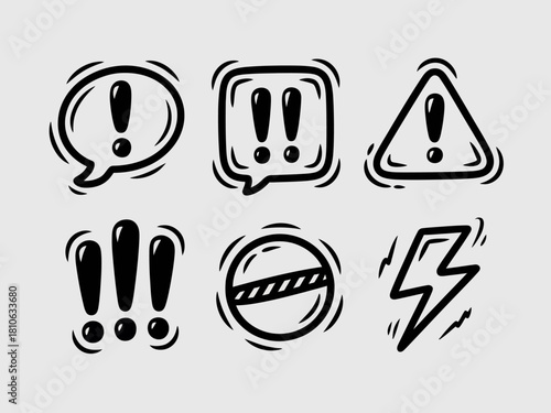 A collection of various alert icon designs conveying important messages and warnings. Ideal for illustrating themes of communication, safety, and precautionary measures.