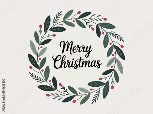 A cheerful and decorative Christmas wreath adorned with leaves and red berries, symbolizing the joy and spirit of the holiday season, perfect for festive greetings.