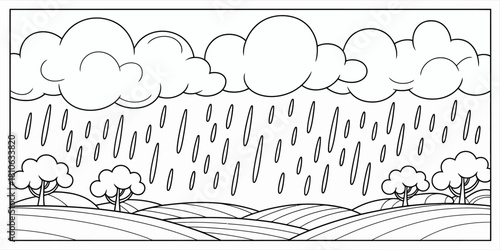 A stylized black-and-white illustration of a rainy landscape, featuring clouds and trees, capturing the essence of nature's beauty in a minimalistic and artistic approach.