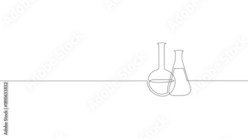 Single continuous line art chemical science flask. Scientific technology research medicine glass equipment design one sketch outline drawing vector illustration art