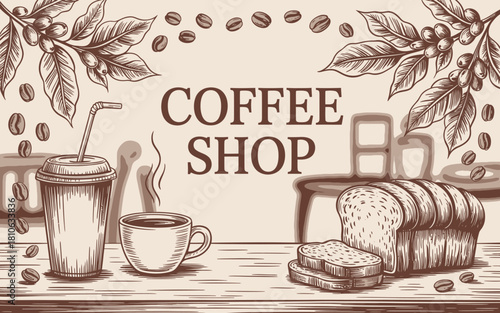This charming illustration of a coffee shop features inviting elements such as coffee cups, baked bread, and natural decor, evoking comfort and warmth for coffee lovers.