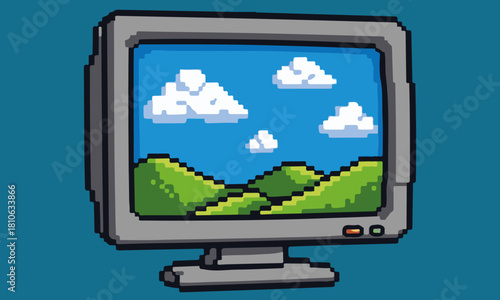 Retro Pixel Art Computer Set: Collection of Four Vintage Desktop PCs with CRT Monitors and Keyboards in 8-Bit Style for Gaming, Technology, and Nostalgic Design Assets.