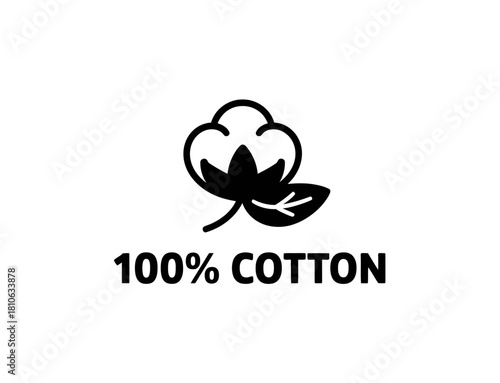 A stylized icon representing 100% cotton with a cotton plant and leaf, signifying softness and high-quality fabric, ideal for clothing and textile industries.