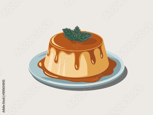 A delectable caramel flan elegantly presented on a plate with a mint leaf garnish, highlighted as a sweet culinary masterpiece combining flavor and aesthetics.