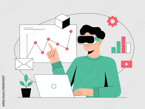 This image showcases a person engaging with virtual reality technology while analyzing data on a laptop, symbolizing innovation and modernity in the workplace.