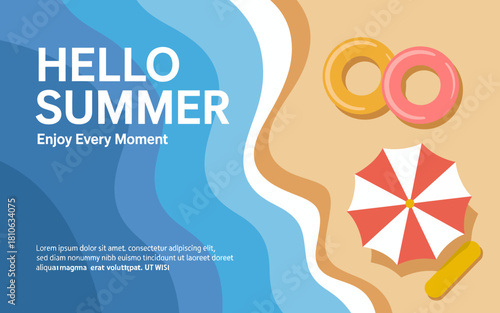 This vibrant summer-themed image captures beach essentials like donuts and an umbrella, evoking a feeling of relaxation and joy during the summer season.