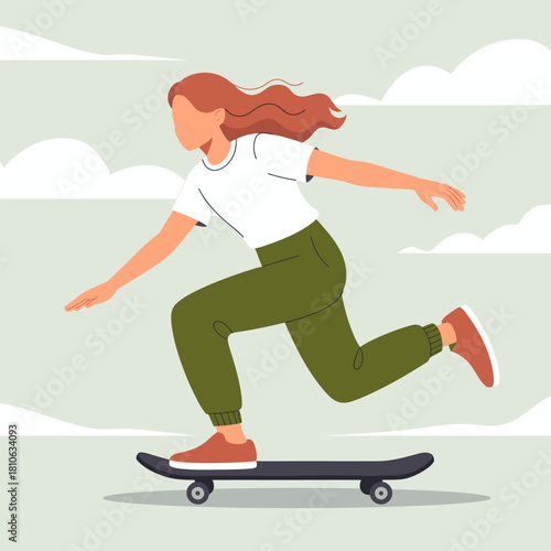 This image portrays a girl skateboarding joyfully in an urban environment, emphasizing freedom, movement, and youthful energy in her playful stance.