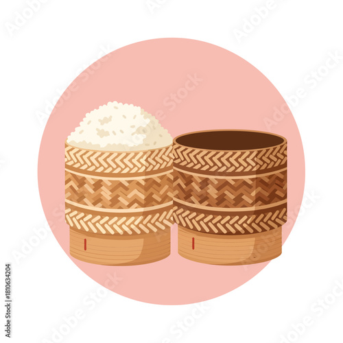 Two traditional woven bamboo Kratip baskets sit on a pink circle, one overflowing with fluffy white sticky rice and the other empty, showcasing authentic Southeast Asian craftsmanship details