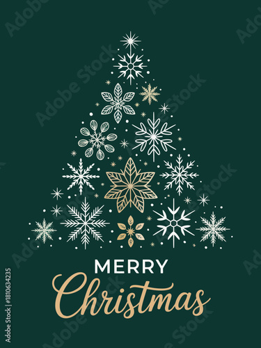 An elegant Christmas tree design composed of snowflakes and festive elements, creating a joyful atmosphere ideal for holiday greetings and seasonal promotions.